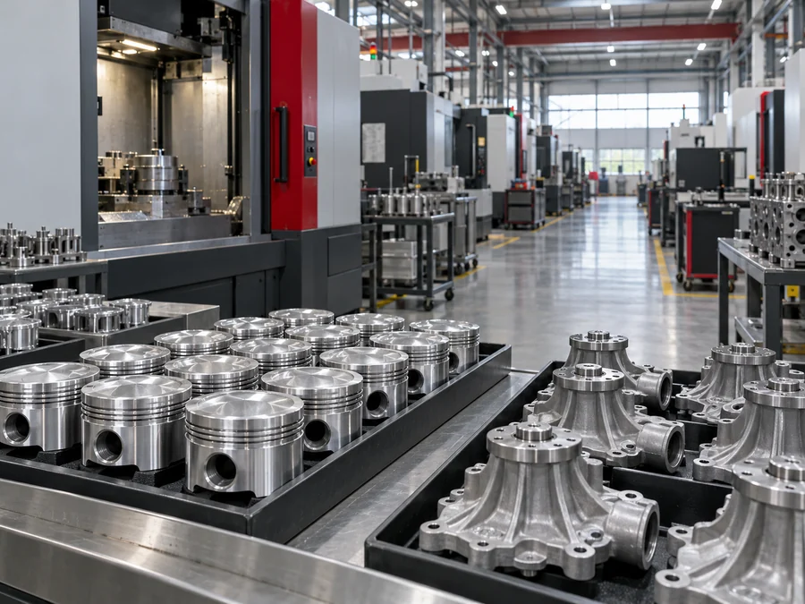 Machined automotive parts in a modern manufacturing facility