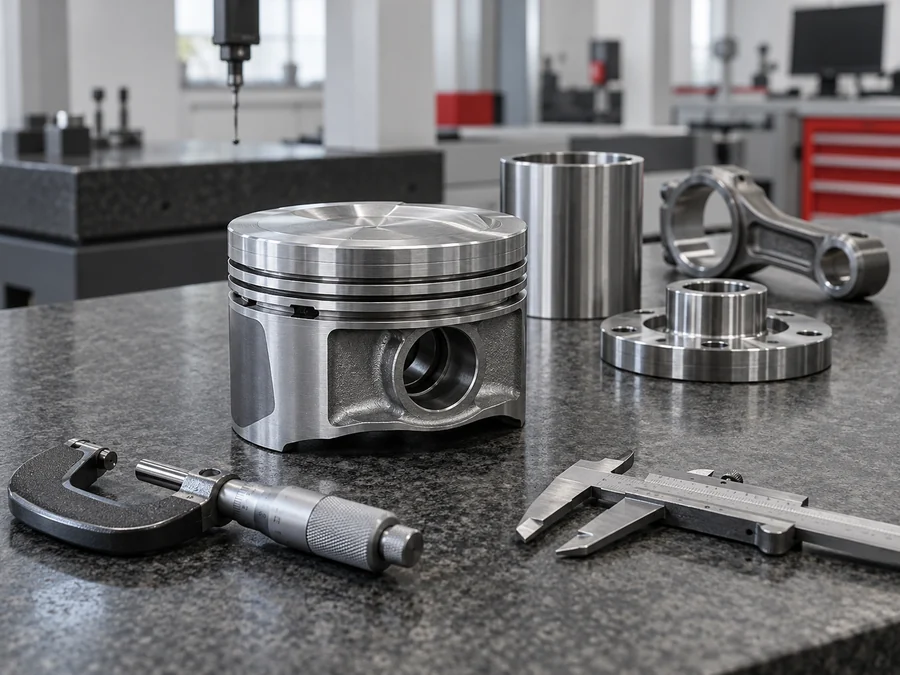 Precision piston and measuring tools on a quality inspection bench